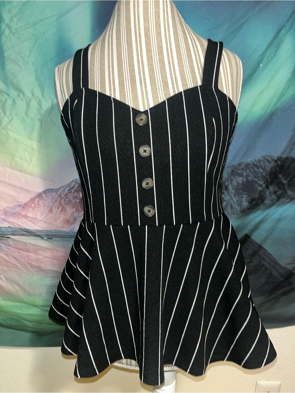 Black Pinstripe Button-Front Peplum Tank Top